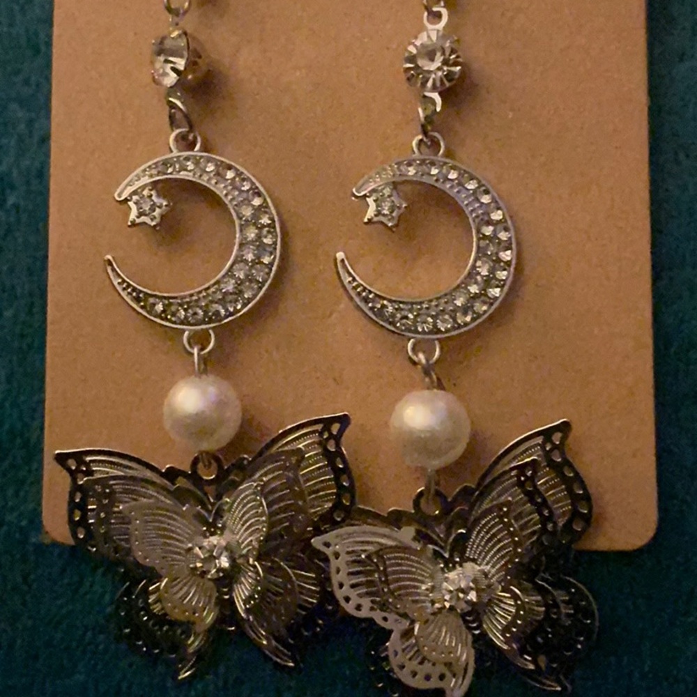 Silver Moon and Butterfly Earrings with crystal accents.